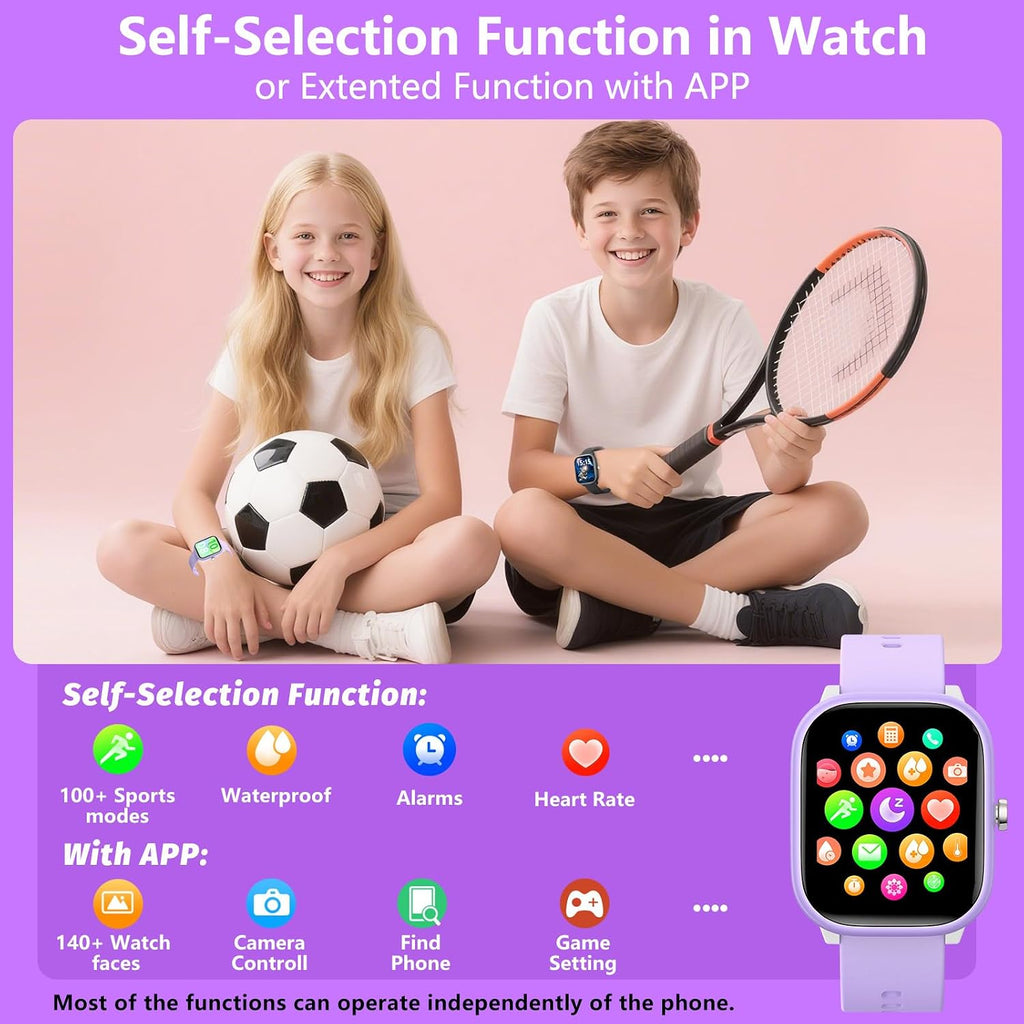 Wach - Reloj inteligente para niños de 6 a 15 años, monitor de actividad física de 1.8 pulgadas, no necesita teléfono, podómetro, monitor de sueño resistente al agua, juego de rompecabezas para niñas, niños, adolescentes, regalo de cumpleaños (morado)