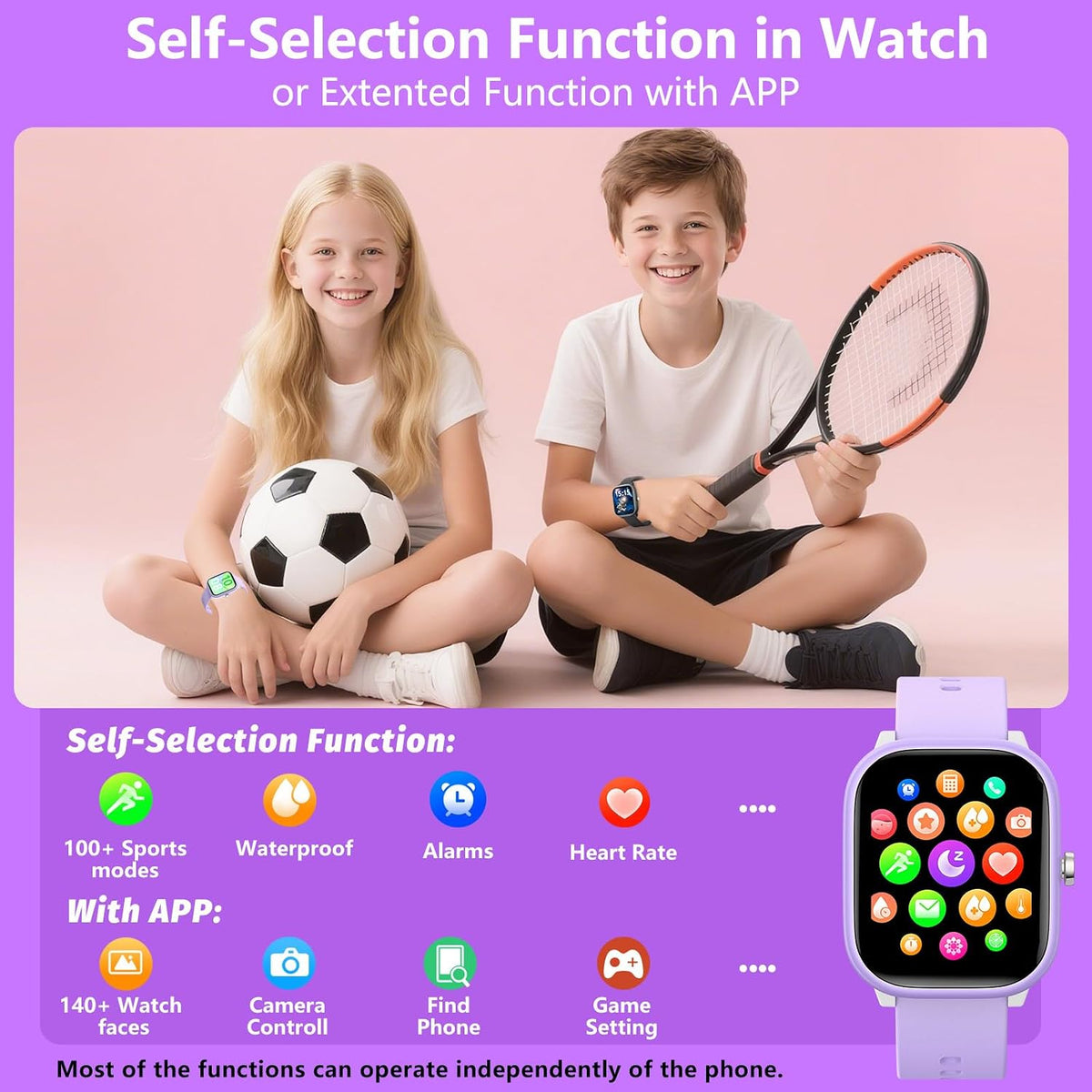 Wach - Reloj inteligente para niños de 6 a 15 años, monitor de actividad física de 1.8 pulgadas, no necesita teléfono, podómetro, monitor de sueño resistente al agua, juego de rompecabezas para niñas, niños, adolescentes, regalo de cumpleaños (morado)