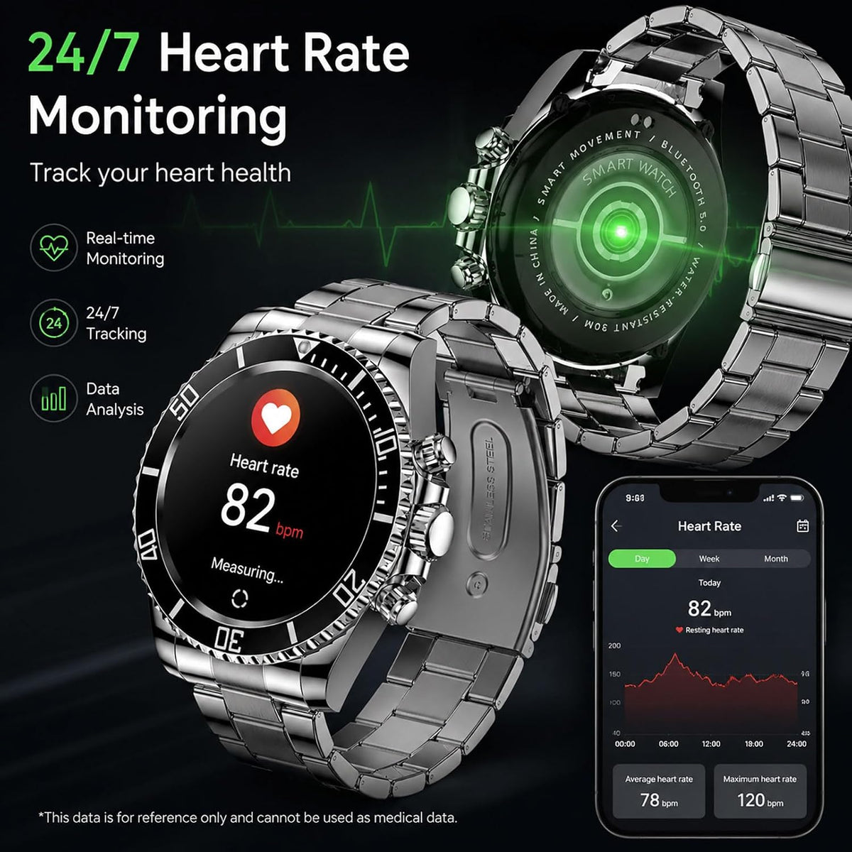 findtime Reloj inteligente para teléfonos Android, contestar llamadas, recordatorio de SMS, reloj inteligente compatible con iPhone, Bluetooth, acero inoxidable, reloj de fitness para hombre, reloj inteligente