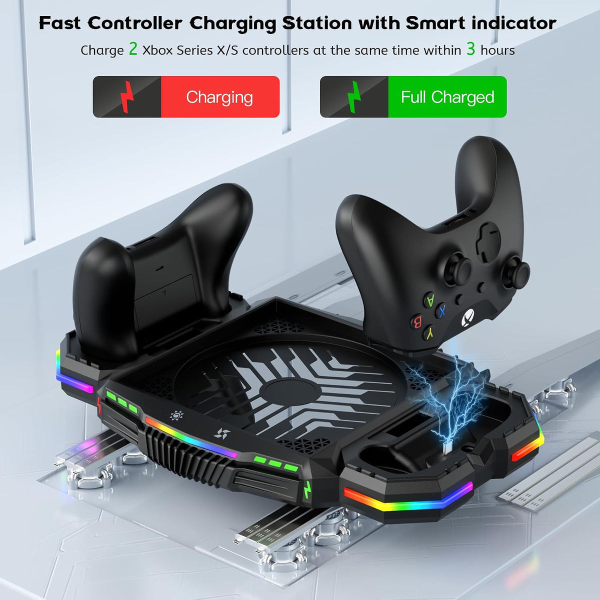 Ventilador de refrigeración con estación de carga para consola Xbox Series X y controlador - Sistema vertical de 15 modos RGB de soporte más fresco, bajo ruido, reduce eficazmente la temperatura de la consola y carga rápida controlador
