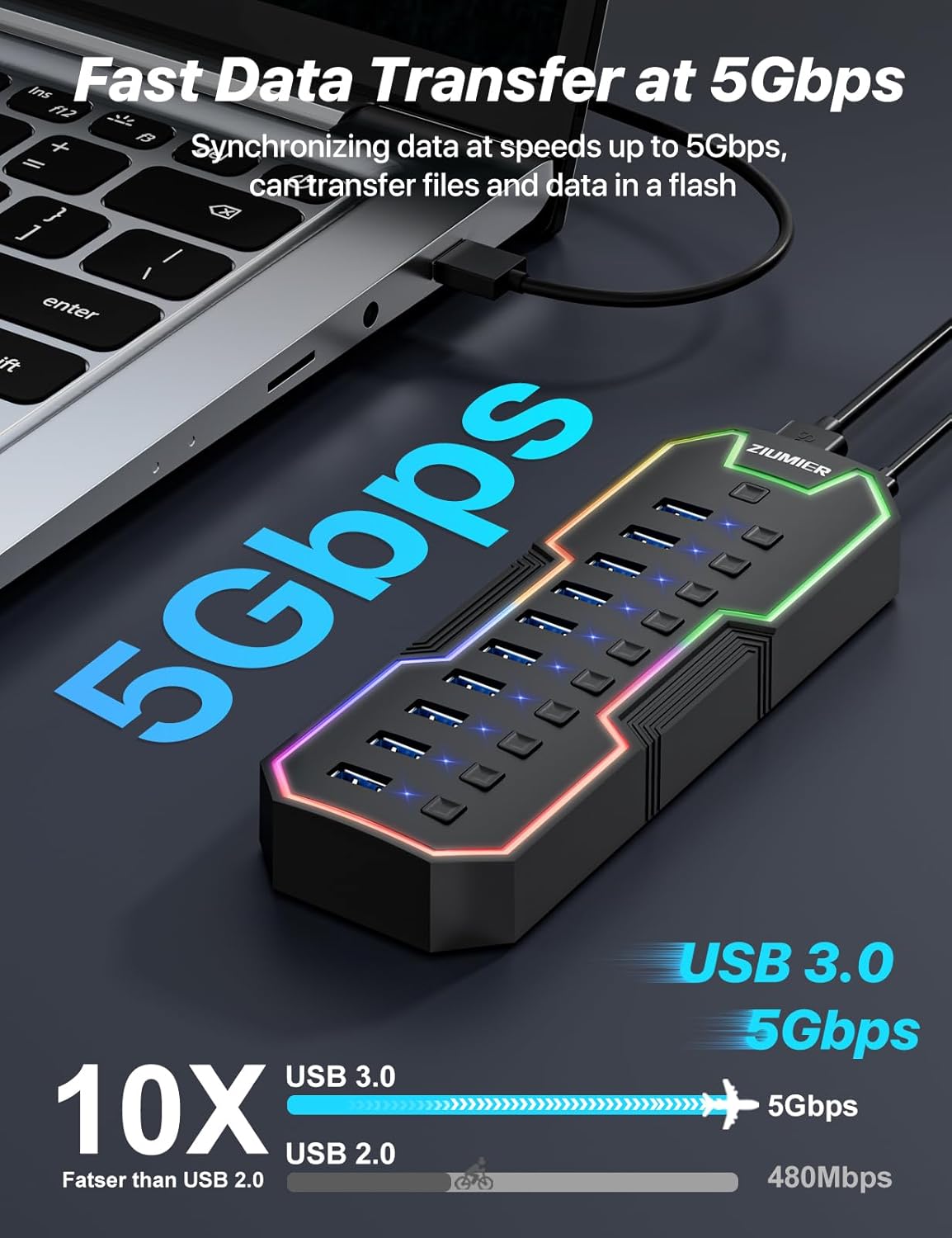 ZIUMIER, L100, hub USB 3.0 de 10 puertos, alimentado, adaptador 12V/2A