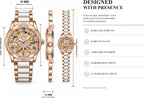 Reloj de oro rosa para mujer, esfera acentuada con cristal de 1.44 pulgadas, pulsera de cerámica blanca y acero inoxidable, reloj de vestir luminoso resistente al agua