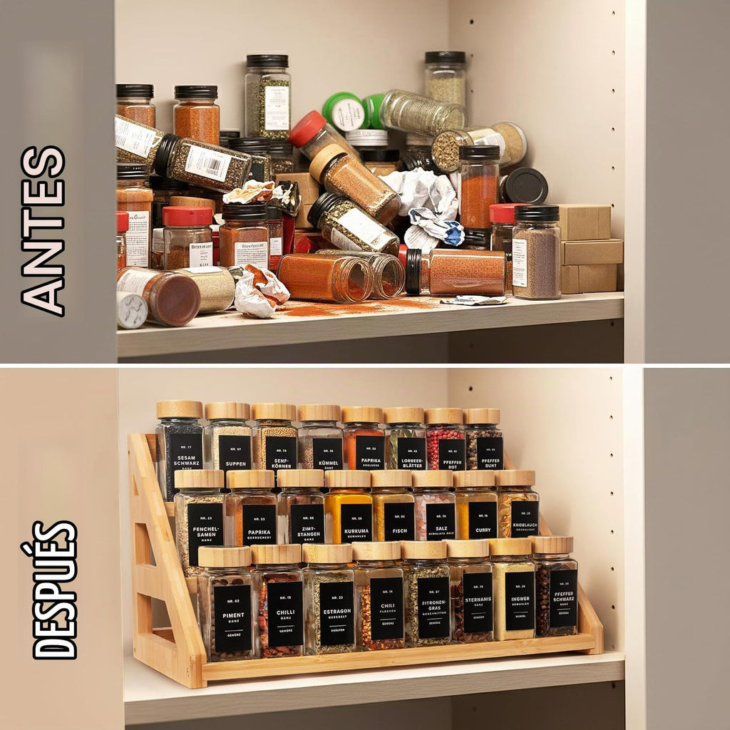 Estante para especias, organizador de especias, 3 niveles, de bambú, solución para almacenamiento de especias en cocinas, encimeras, salas de almacenamiento y otros lugares