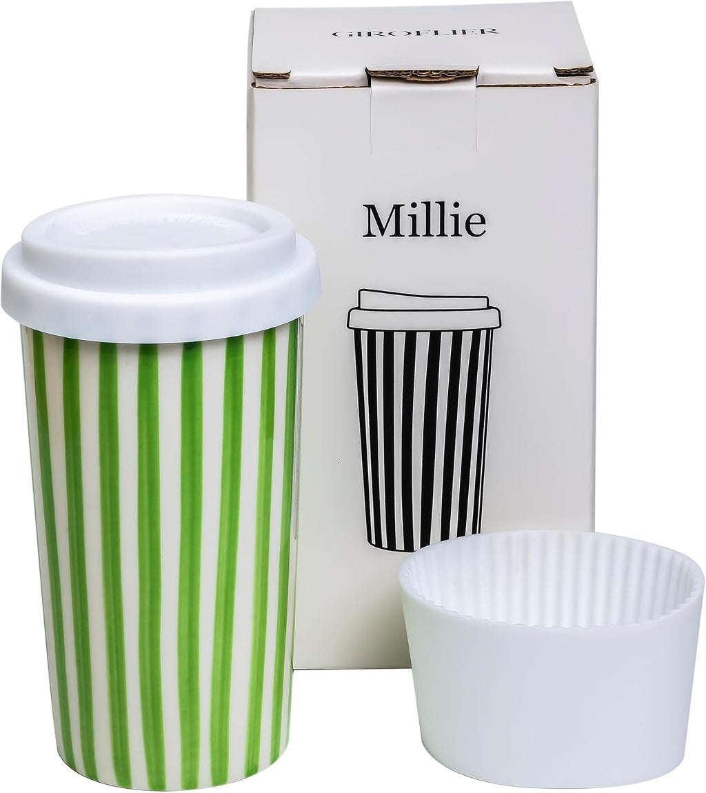 Millie - Taza de viaje de cerámica con tapa, 12 onzas, bonita taza de café estética para mujeres y hombres, sin regusto metálico, se adapta a portavasos de automóvil y cafeteras