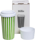 Millie - Taza de viaje de cerámica con tapa, 12 onzas, bonita taza de café estética para mujeres y hombres, sin regusto metálico, se adapta a portavasos de automóvil y cafeteras