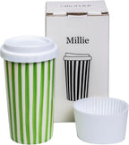 Millie - Taza de viaje de cerámica con tapa, 12 onzas, bonita taza de café estética para mujeres y hombres, sin regusto metálico, se adapta a portavasos de automóvil y cafeteras