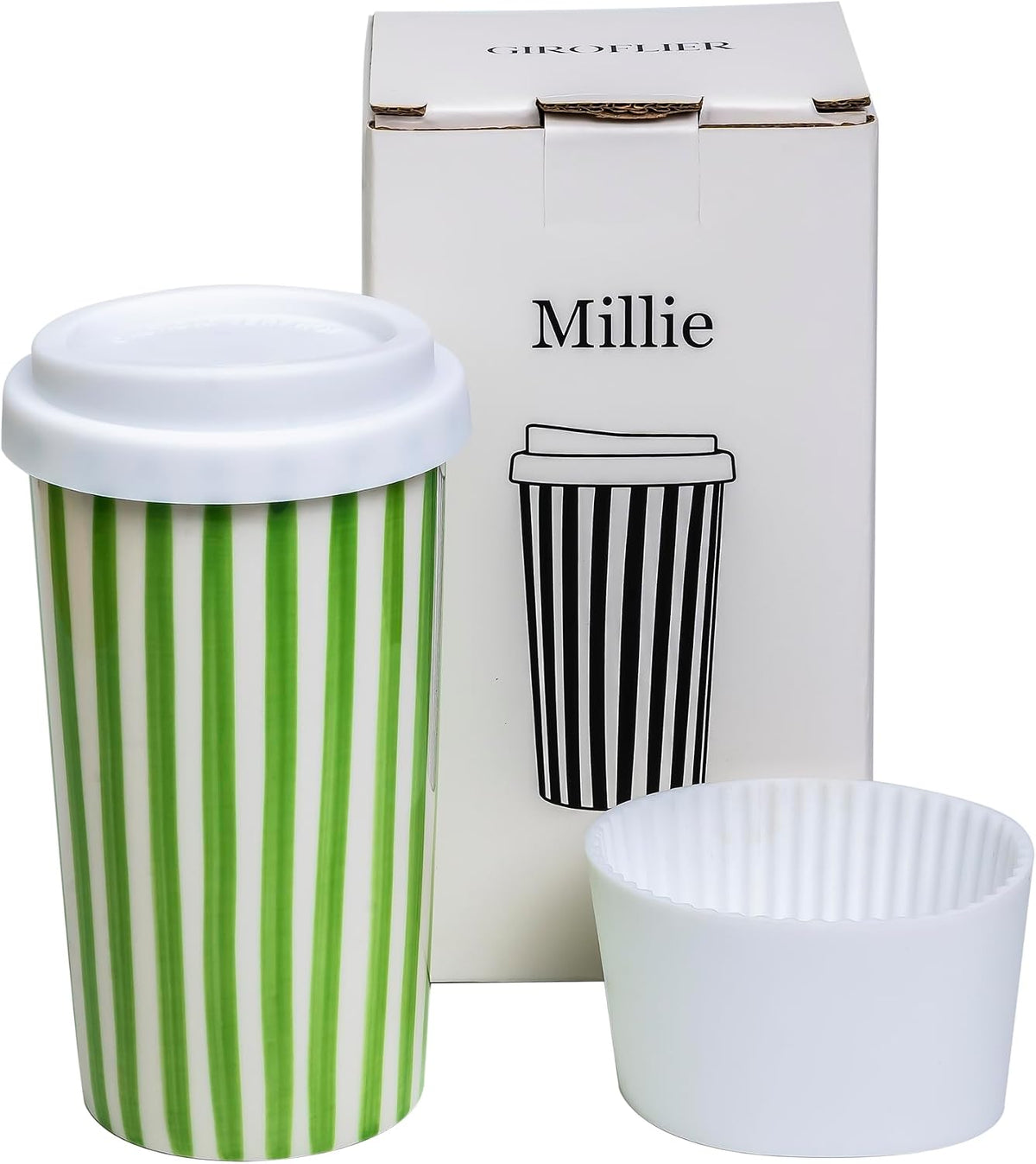 Millie - Taza de viaje de cerámica con tapa, 12 onzas, bonita taza de café estética para mujeres y hombres, sin regusto metálico, se adapta a portavasos de automóvil y cafeteras