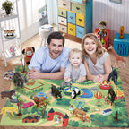 BOLZRA Figuras de animales de safari con tapete de juego de actividades y caja de almacenamiento, juego gigante de plástico realista con león, elefante, selva, zoológico, animales salvajes, juguetes