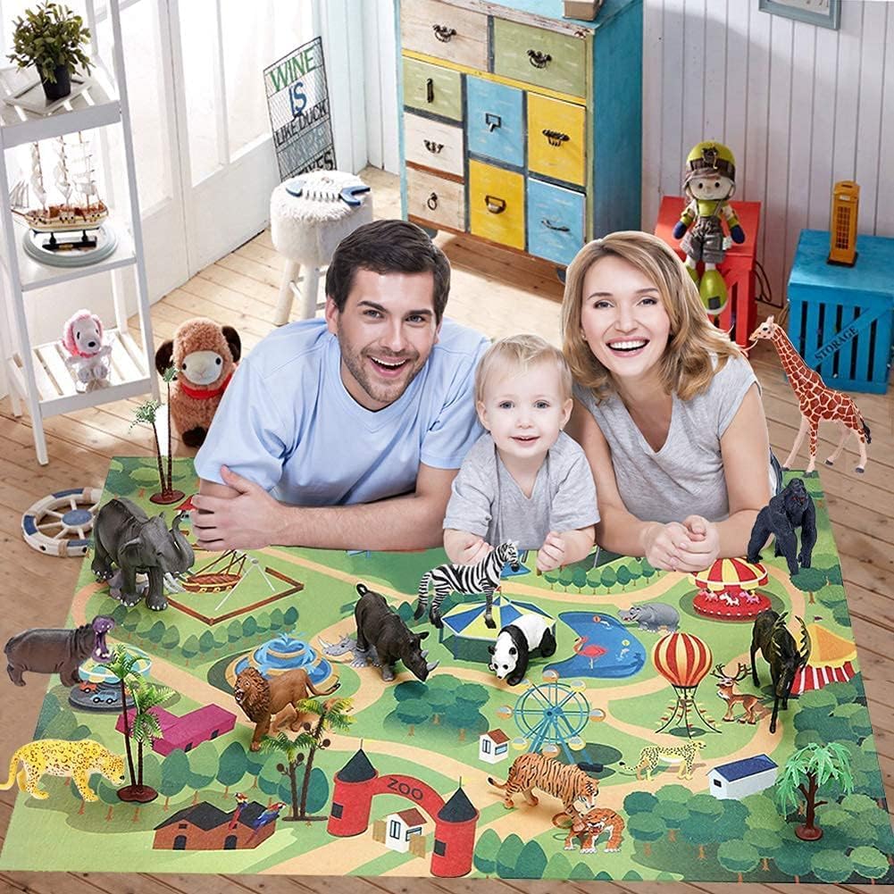 BOLZRA Figuras de animales de safari con tapete de juego de actividades y caja de almacenamiento, juego gigante de plástico realista con león, elefante, selva, zoológico, animales salvajes, juguetes