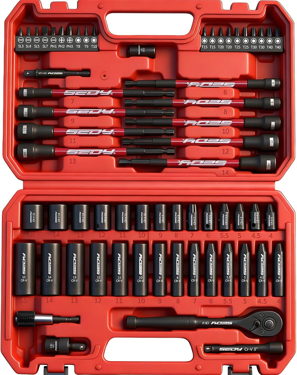Juego de 63 piezas de enchufes métricos de 1/4" de vástago hexagonal y juego de llaves de tuercas, juego de enchufes estándar y profundos de impacto (4-15mm), llaves de tuerca magnéticas de 1/4" de