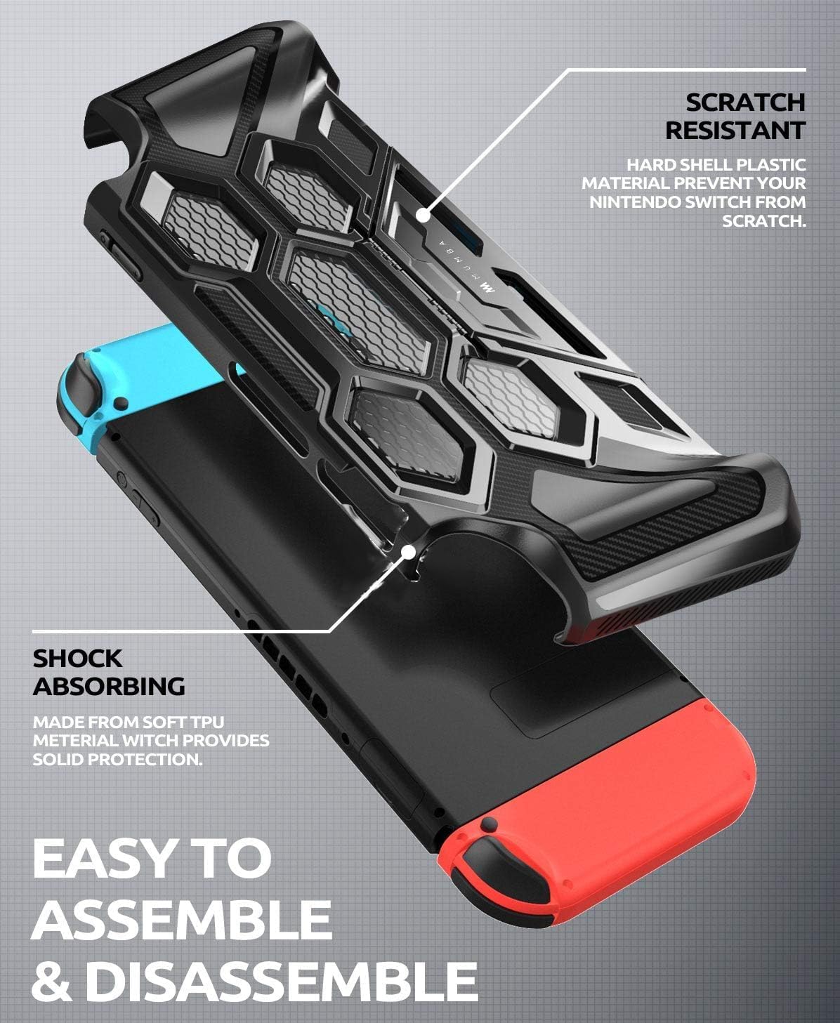 Mumba Funda protectora para Nintendo Switch 1 (versión 2017), [Battle Series] [Soporte integrado] Funda de agarre resistente para consola Nintendo Switch con cómodos agarres acolchados (negro)