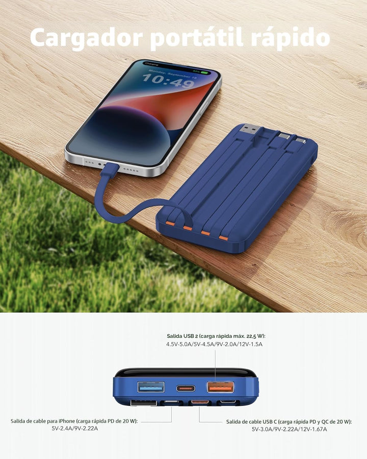 Charmast Cargador portátil de 20000mAh con cables incorporados, ban...