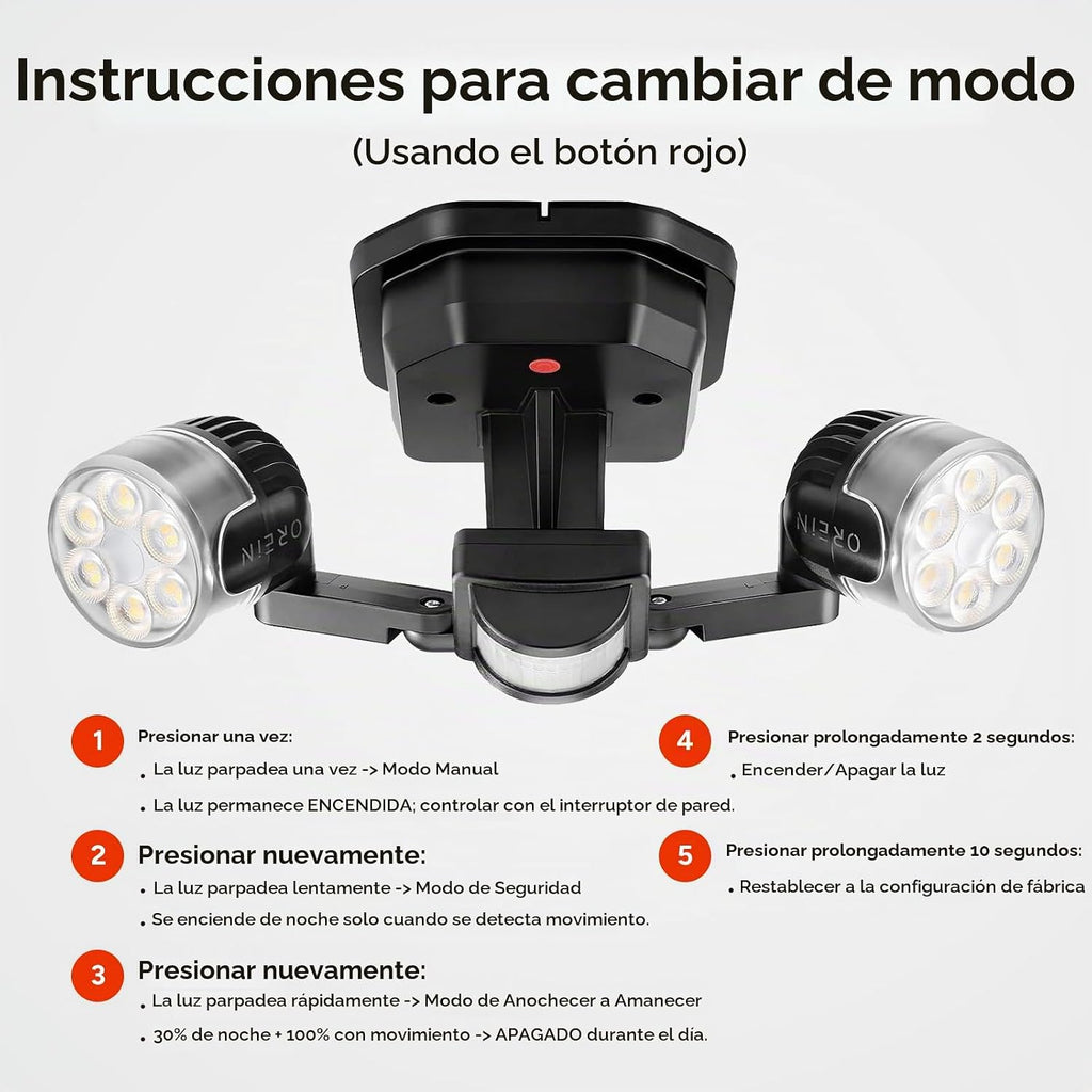 OREiN Luz de seguridad para exteriores con sensor de movimiento, luz LED de doble cabezal ajustable, 3 modos (movimiento/manual/atardecer a amanecer), equivalente a 150 W 5000 K, iluminación exterior impermeable IP65, cableado