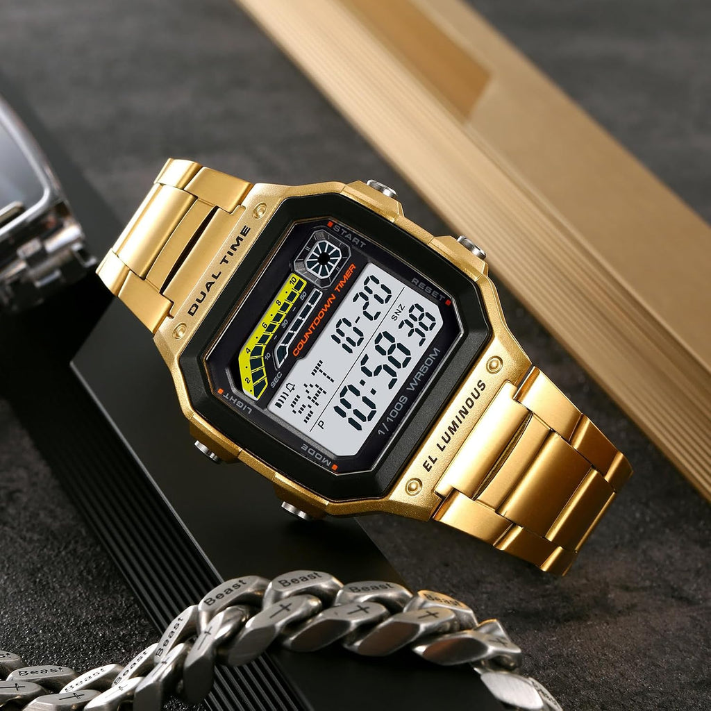 PASOY Reloj de pulsera digital multifunción para hombre, con hora doble, alarma, cronómetro, cuenta regresiva, retroiluminación, resistente al agua