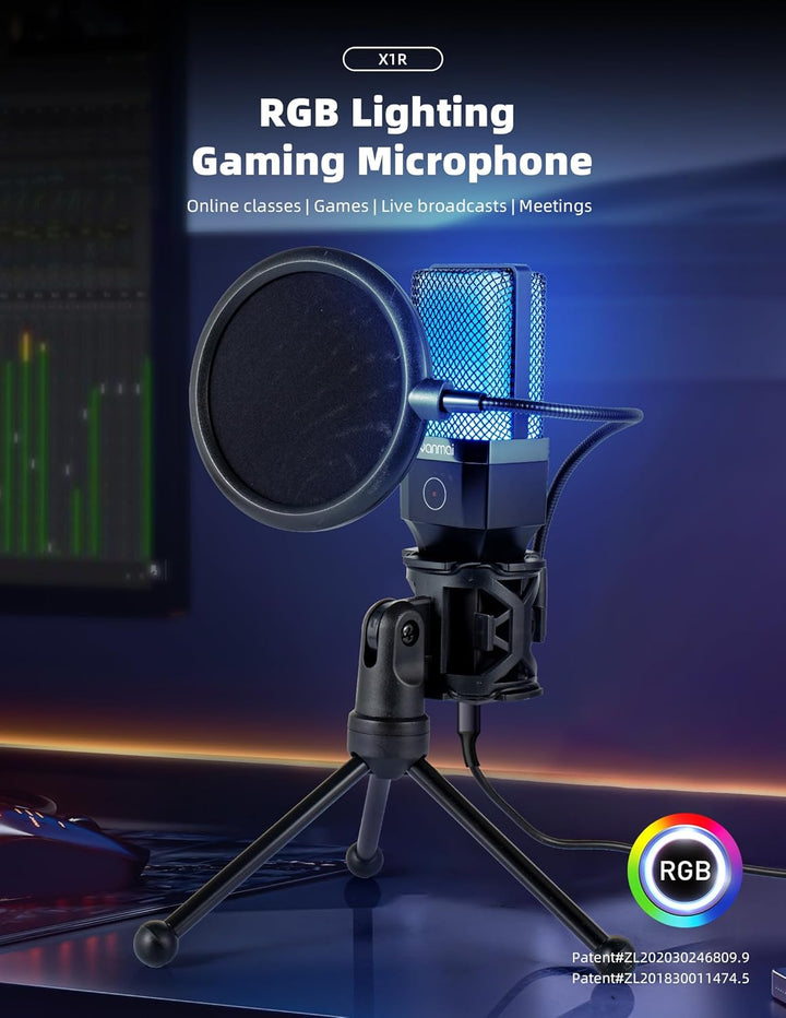 Yanmai Micrófono USB, condensador cardioide, iluminación RGB, trípo...