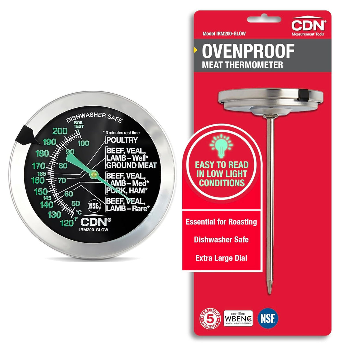 CDN Termómetro de carne a prueba de horno - Dial brillante | ProAccurate® | Dial de fácil lectura de 2 pulgadas | Impermeable, Recalibrable | Para asar en horno, aves, carne de res, barbacoa | IRM200