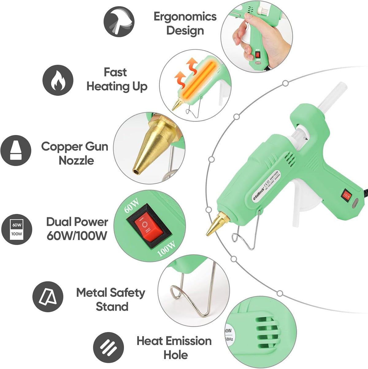 Pistola de pegamento caliente de tamaño completo ROMECH con potencia dual de 60/100 W y 21 barras de pegamento caliente (4,4 cm), pistola de pegamento industrial resistente con precalentamiento rápido