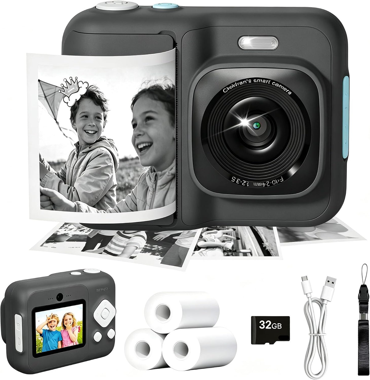Cámara de impresión instantánea para niños, 1080P con tarjeta de 32
