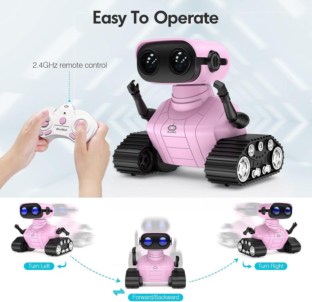 ALLCELE Robot de juguete para niñas, robot RC recargable para niños, juguete de control remoto con música y ojos LED, regalo para niños a partir de 3 años, color rosa