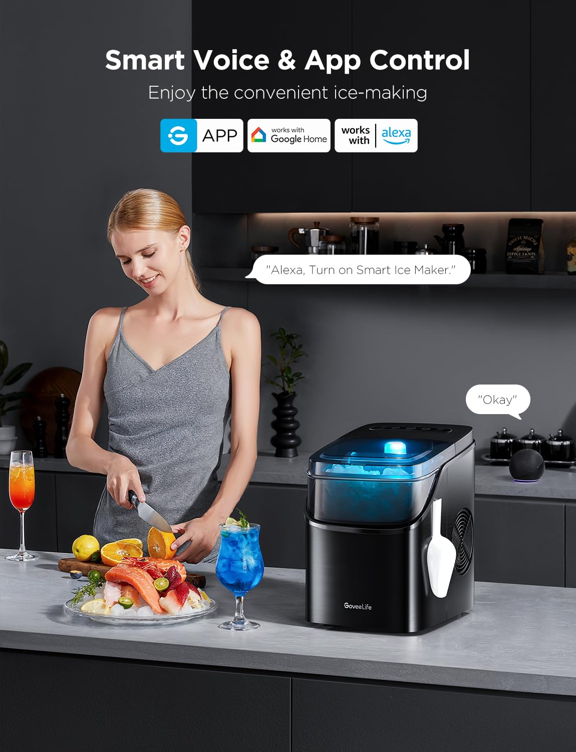 GoveeLife - Máquina inteligente para hacer hielo de encimera, máquina portátil para hacer hielo con control de voz, 9 cubos de hielo en 6 minutos, 3 tamaños, 12 kg/24 horas, autolimpieza, luces RGB