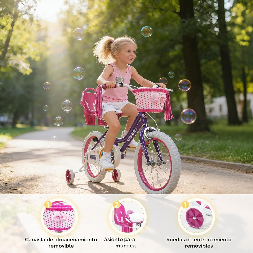 Bicicleta WinHope Fairy Girls con Asiento para Muñeca, Bicicleta Infantil de 12-20 Pulgadas para Edades 2-12