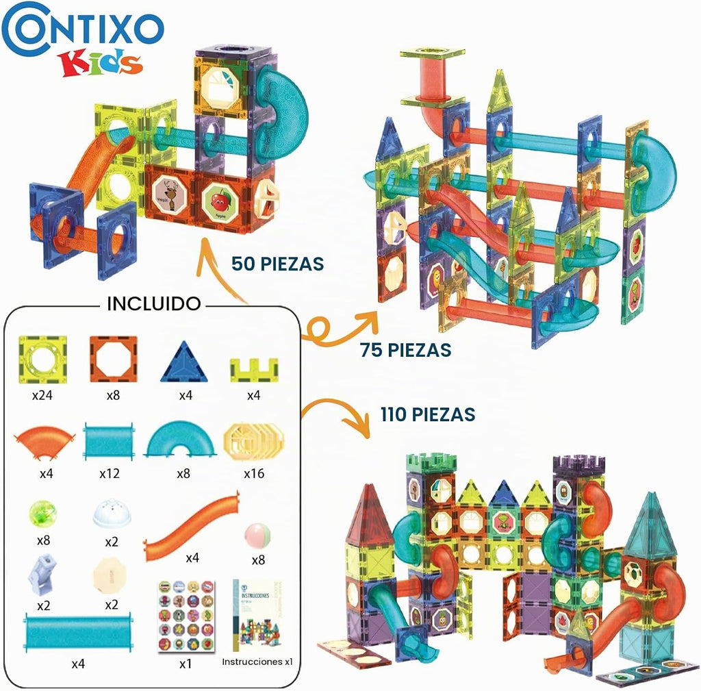 Contixo Juguetes de Construcción STEM – 110 piezas Azulejos Magnéticos 3D para Pistas de Canicas, Juguetes de Aprendizaje y Apilamiento, Conjunto de Bloques de Construcción Educativos, Creatividad Más