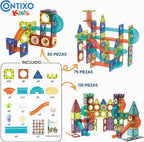 Contixo Juguetes de Construcción STEM – 110 piezas Azulejos Magnéticos 3D para Pistas de Canicas, Juguetes de Aprendizaje y Apilamiento, Conjunto de Bloques de Construcción Educativos, Creatividad Más