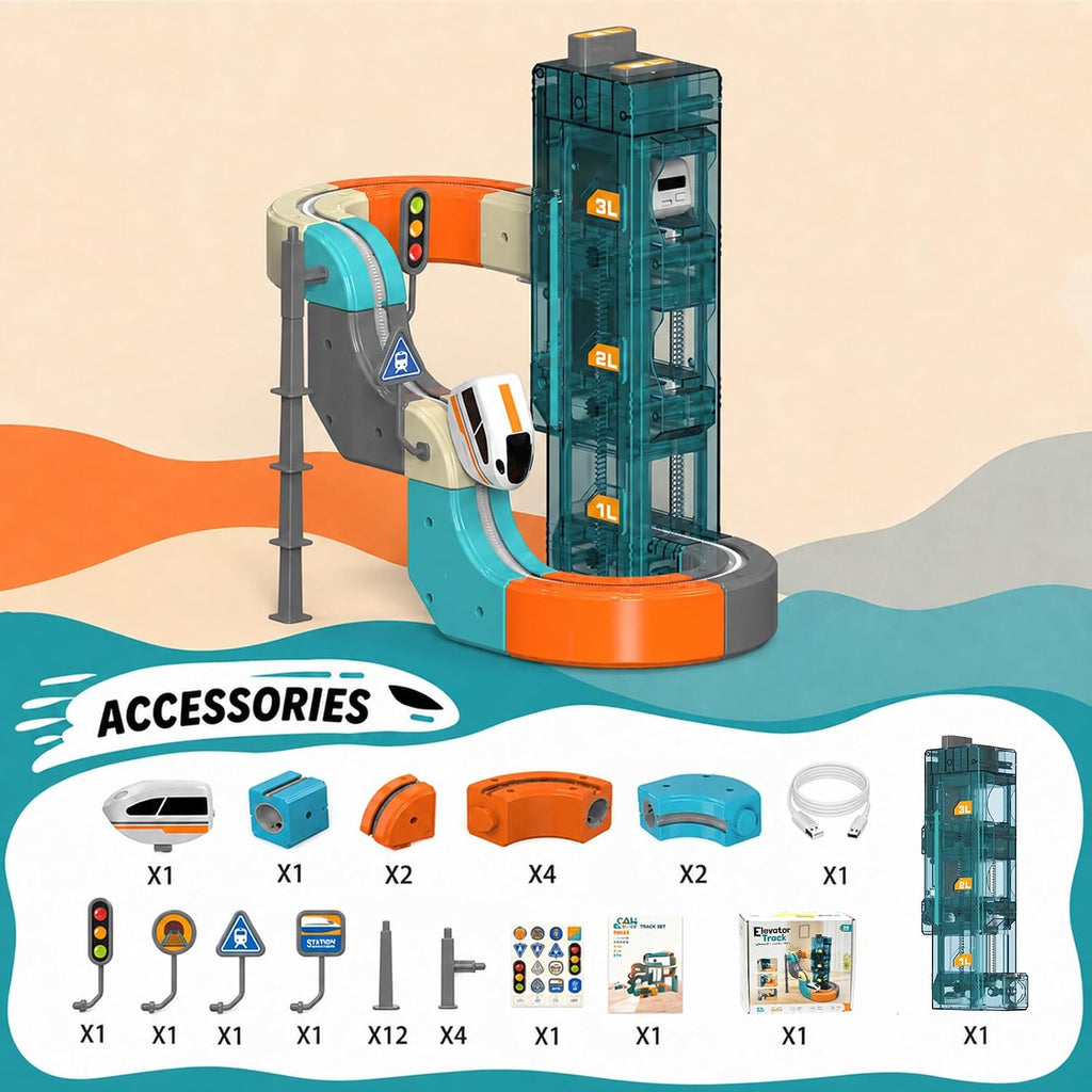 Juego de tren eléctrico de 34 piezas para niños con elevador automático de