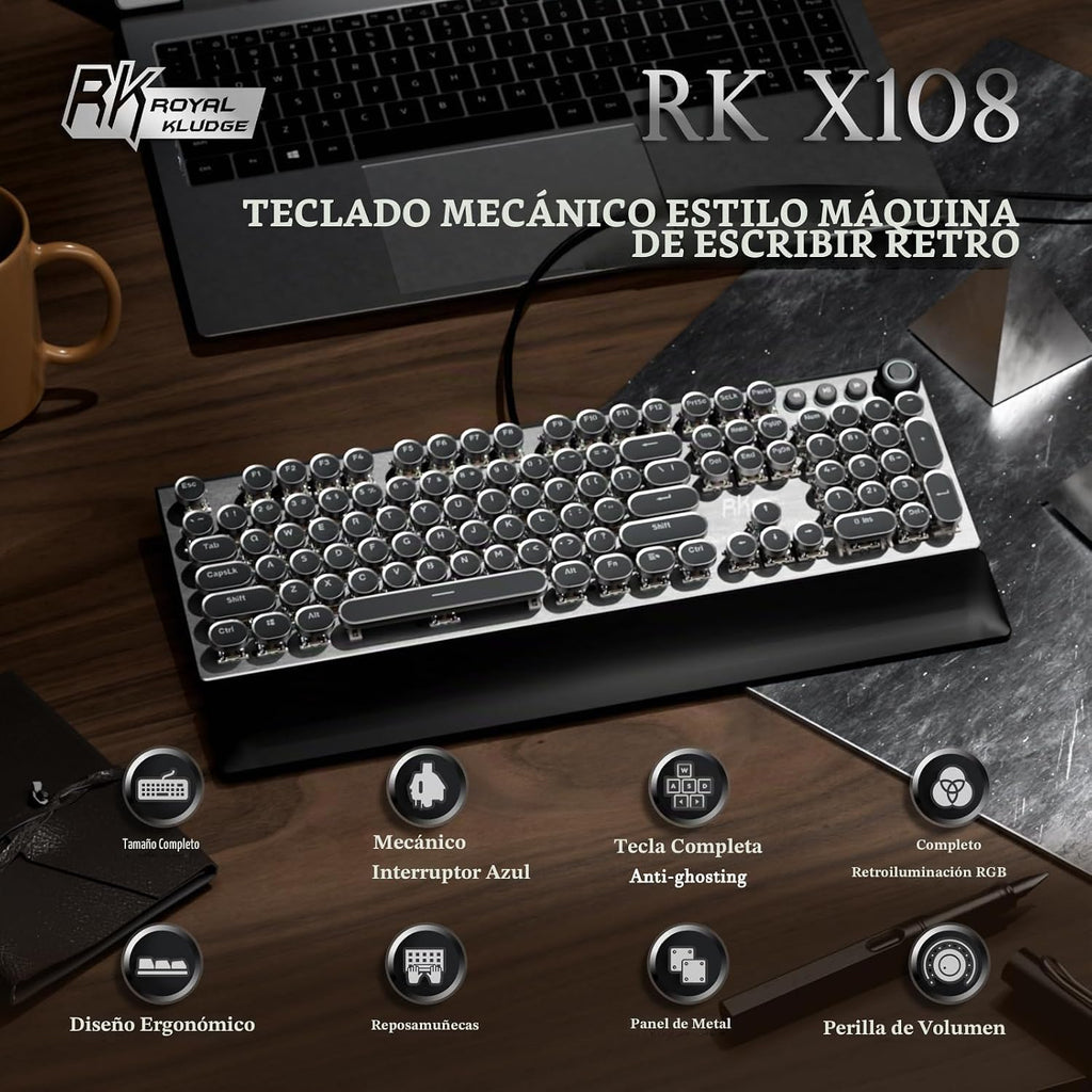 RK ROYAL KLUDGE Teclado de máquina de escribir X108 con perilla, teclado mecánico para juegos con cable, luz lateral retroiluminada RGB, reposamuñecas desmontable, teclas redondas retro, interruptores