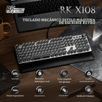 RK ROYAL KLUDGE Teclado de máquina de escribir X108 con perilla, teclado mecánico para juegos con cable, luz lateral retroiluminada RGB, reposamuñecas desmontable, teclas redondas retro, interruptores