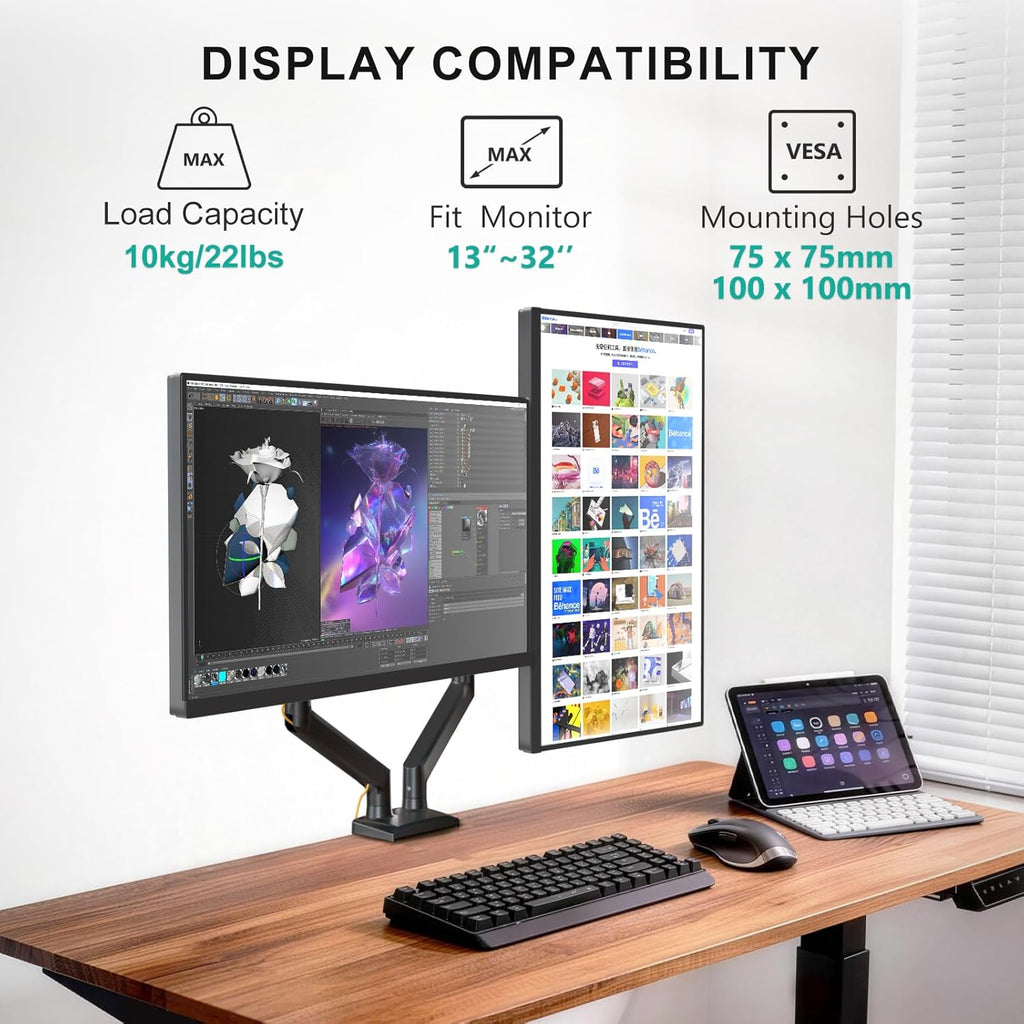 WALI Brazo de monitor doble ajustable para pantallas de 13 a 32 pulgadas