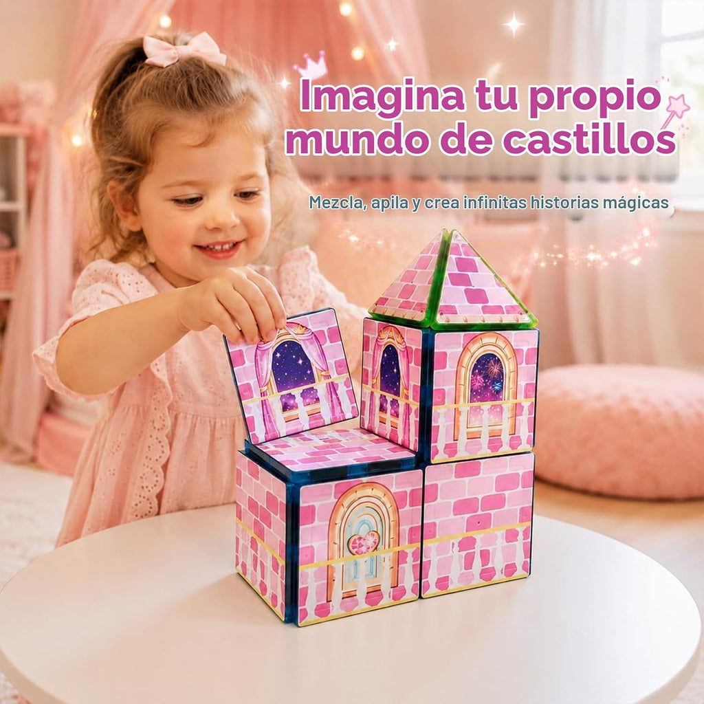 LATI Azulejos magnéticos de castillo de princesa para niños, juguete de construcción de doble cara