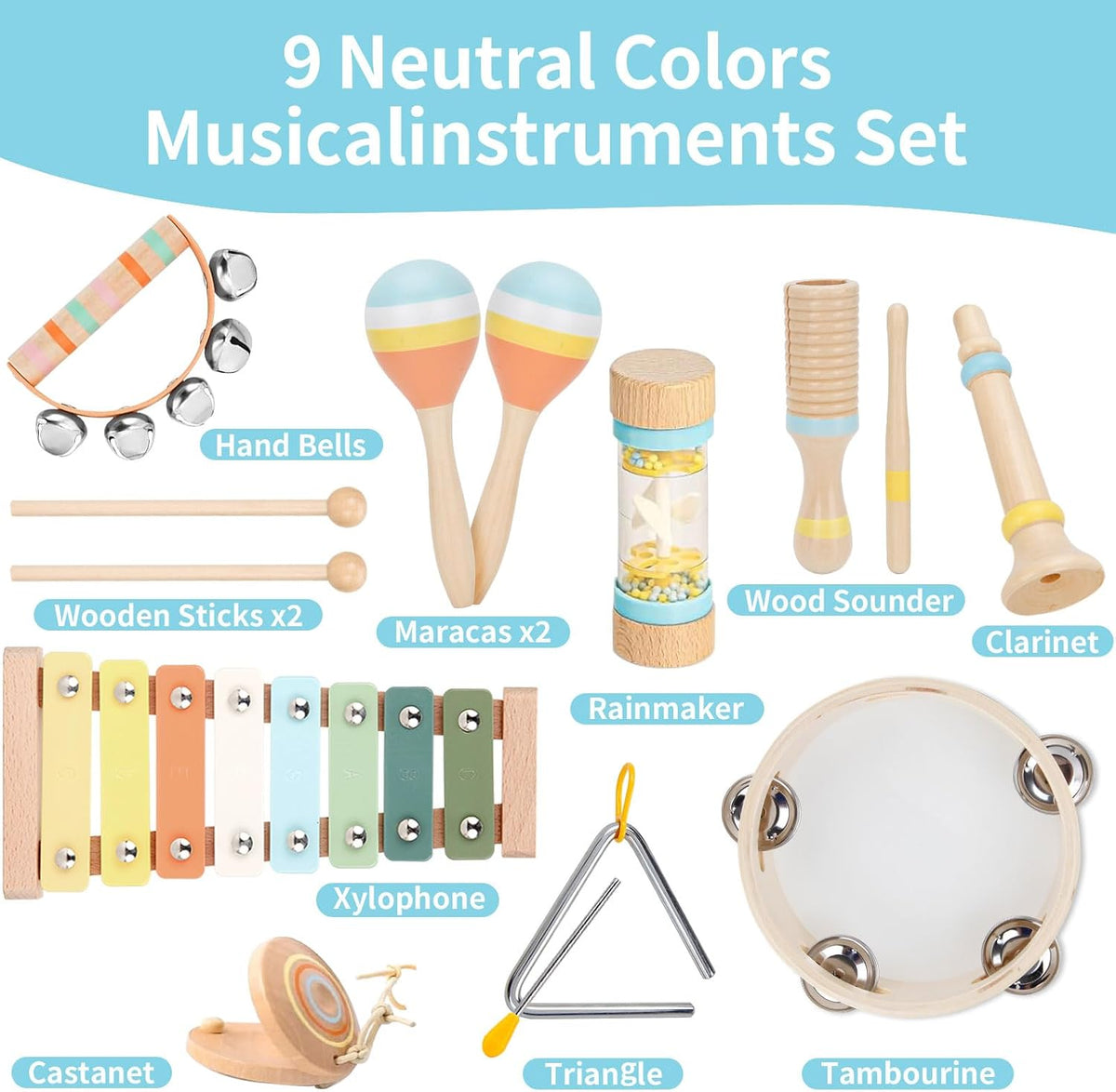 ZJEFUNS Juego de instrumentos musicales para bebés, juguetes Montessori de madera para niños pequeños de 1 a 3 años, juego de instrumentos de percusión modernos y bohemios, juguetes musicales para