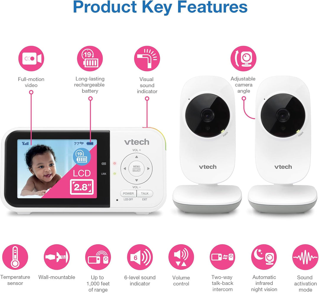 VTech VM819-2 Monitor de bebé, pantalla de 2.8 pulgadas, 2 cámaras,...