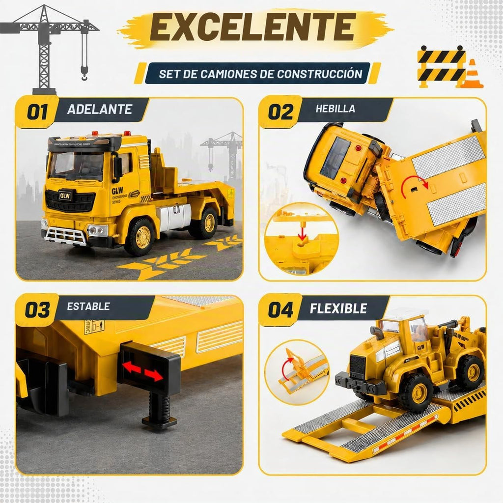 Juego de vehículos de construcción de aleación fundida a presión con semirremolque, excavadora y bulldozer – Luces y sonidos reales, piezas movibles – Juguetes de aprendizaje regalo para niños