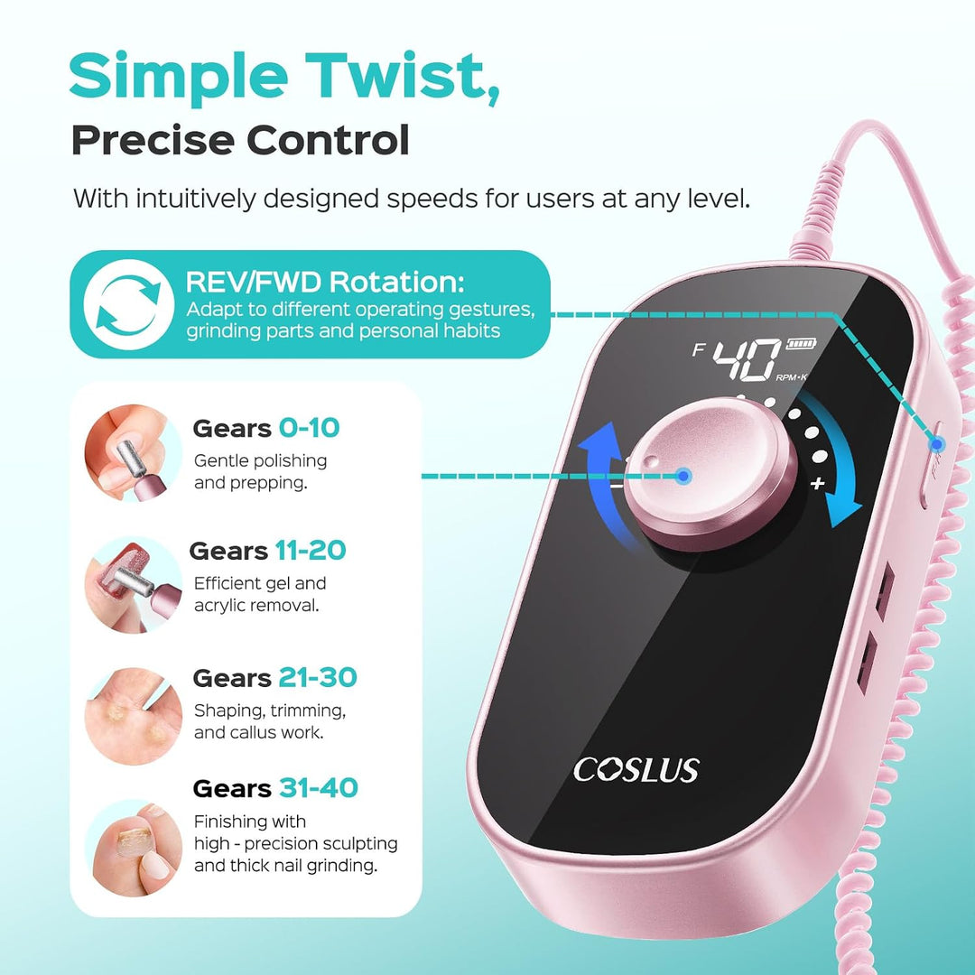 COSLUS Taladro de uñas eléctrico profesional: lima de uñas recargab...