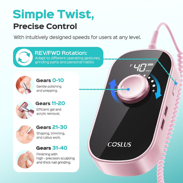 COSLUS Taladro de uñas eléctrico profesional: lima de uñas recargab...