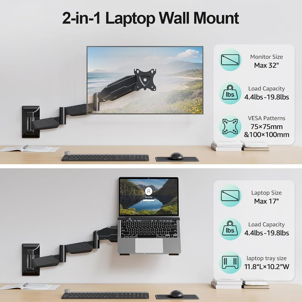 MOUNT PRO Soporte de pared largo para laptop, soporte de pared extendido