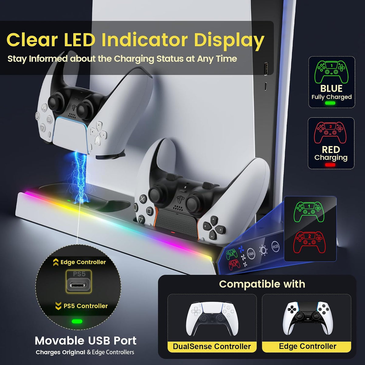 Soporte PS5/PS5 Slim/Pro con ventilador de enfriamiento ajustable, soporte de enfriamiento PS5 para PS5/PS5 Slim/Pro, estación de enfriamiento PS5 con cargadores de controlador dual y luz