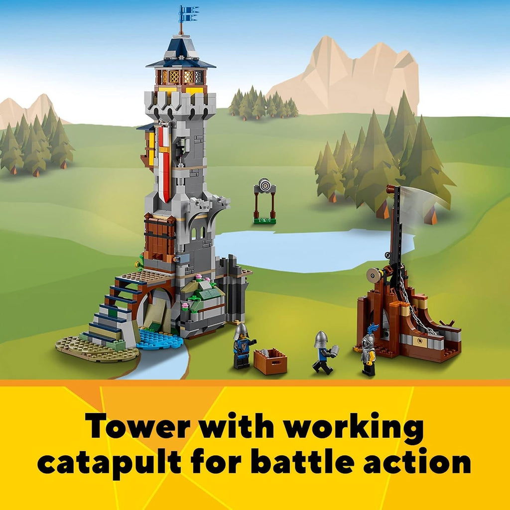 LEGO Creator 3 en 1 - Juguete de castillo medieval que se transforma de castillo a torre en mercado, incluye figura de esqueleto y dragón, con 3 minifiguras y catapulta, 31120