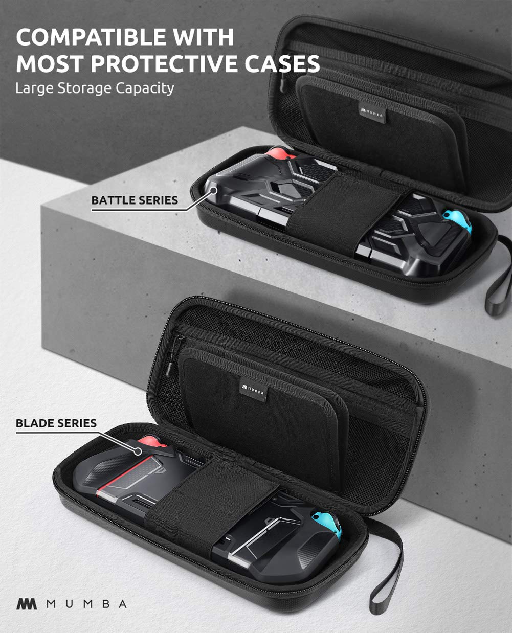 Mumba Funda de transporte para Nintendo Switch OLED y Nintendo Switch 1, [compatible con fundas protectoras] [versión extra] Funda protectora rígida de viaje para bolsa de mano para Blade/Battle/Funda protectora resistente (negro)