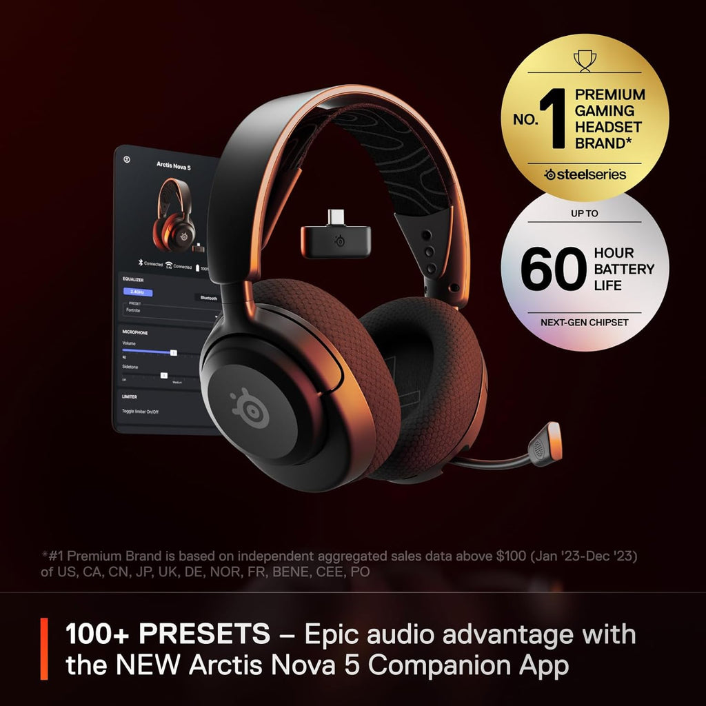 SteelSeries - Auriculares inalámbricos Arctis Nova 5 para juegos multisistema, controladores magnéticos de neodimio, batería (60 horas), 2.4 GHz, micrófono Gen2.X, PC, PS5, PS4, Switch, celular