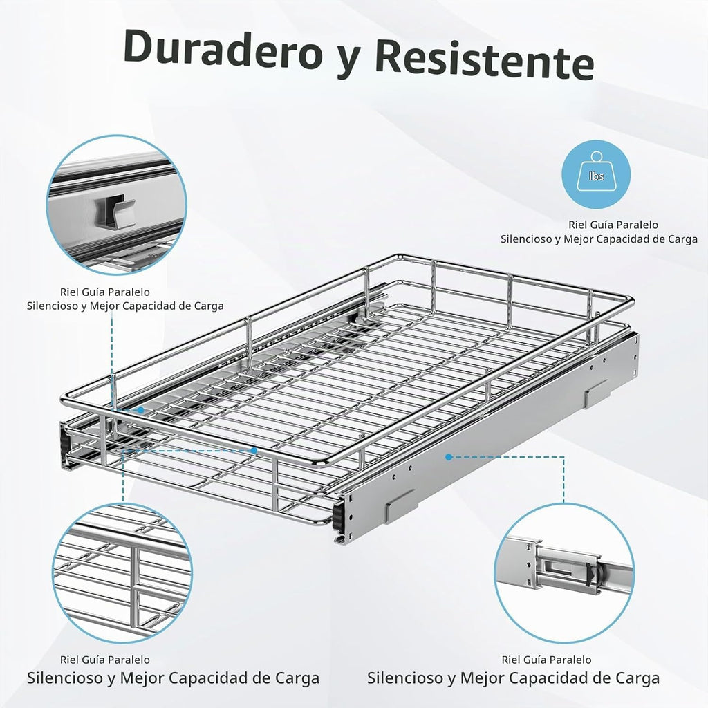 ZOINLIY Organizador de armario extraíble, versátil organizador de cocina deslizante y almacenamiento, cesta de almacenamiento de cajones resistente, deslizamiento suave, acabado cromado (24.8 x 21