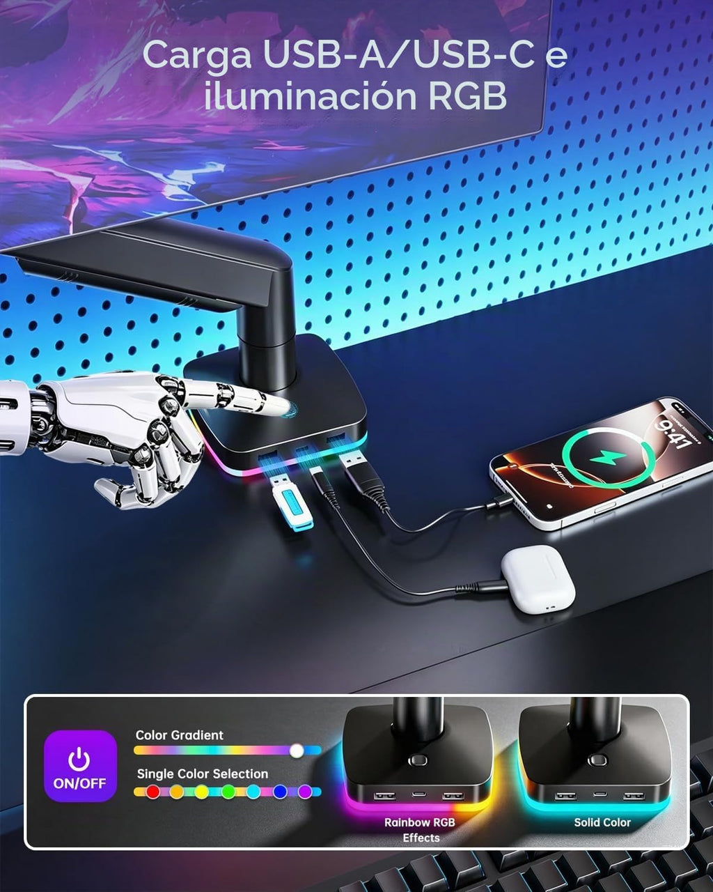 Brazo de monitor de resorte de gas RGB con concentrador USB para monitores
