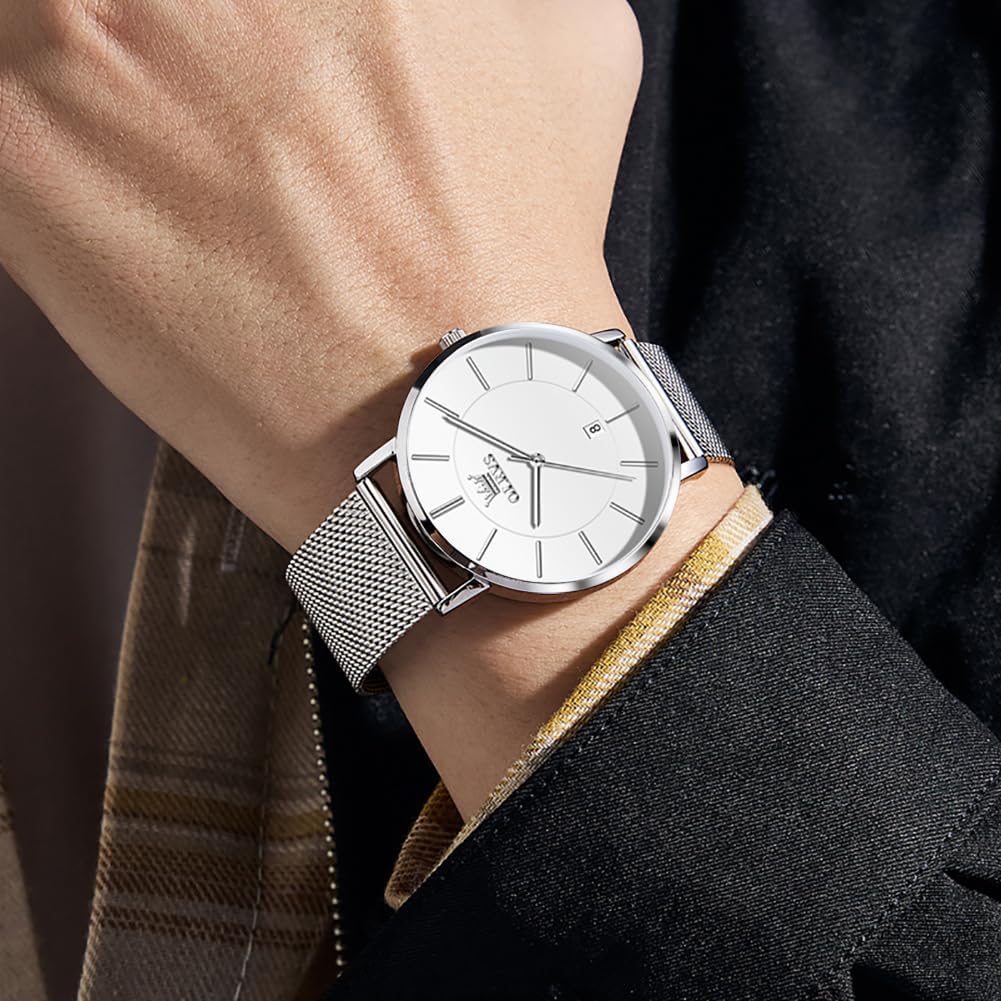 OLEVS Reloj de Hombre Cuero Negro Ultrafino 6.5mm Minimalista de Vestir Moda Simple Casual Resistente al Agua con Fecha
