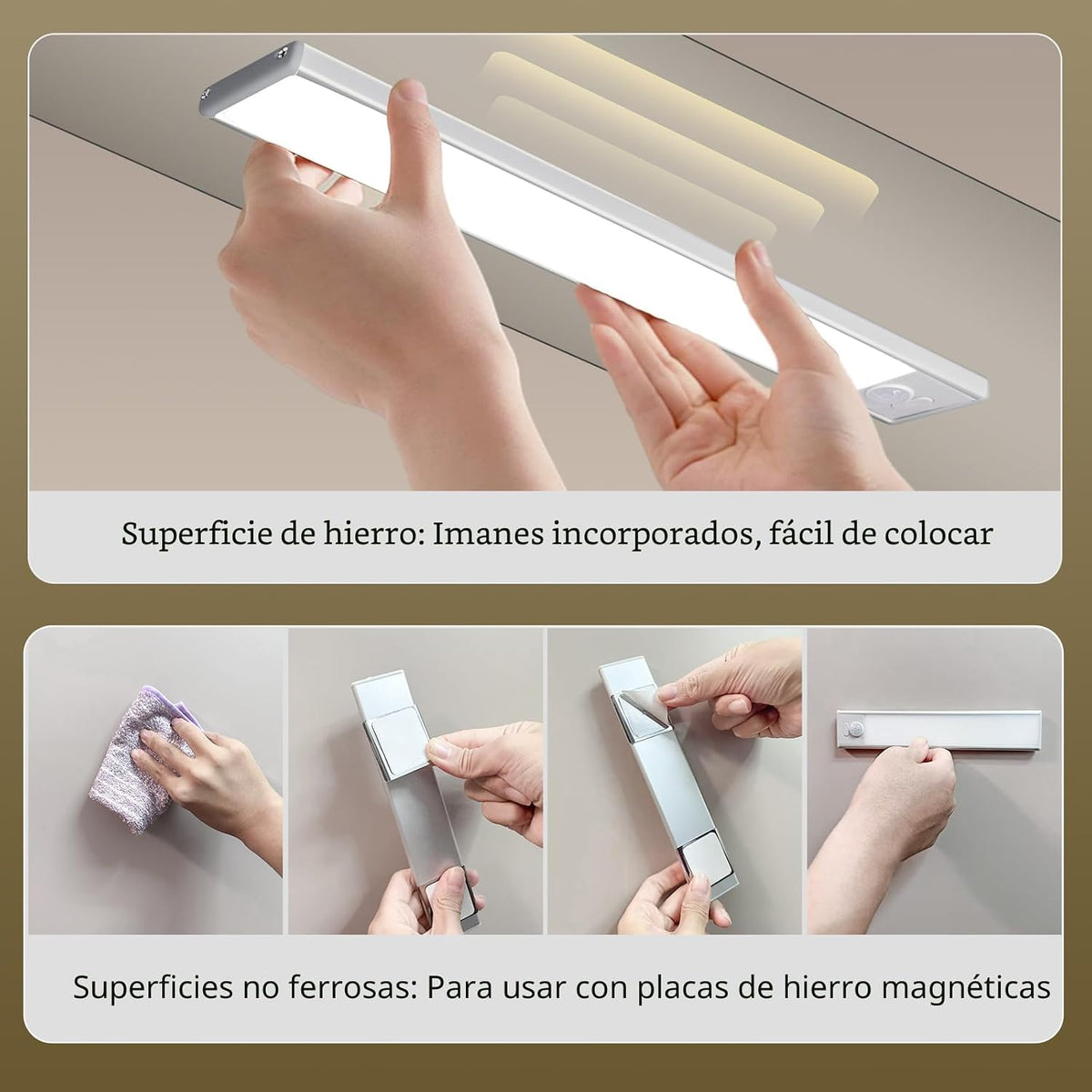 Paquete de 4 luces para debajo del gabinete, luz recargable con sensor de movimiento para interiores, luces magnéticas inalámbricas regulables, 32 luces LED debajo de la encimera para cocina, armario, escaleras, luz cálida