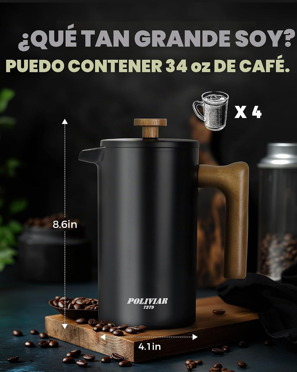 POLIVIAR - Cafetera de prensa francesa, prensa de café de 34 onzas con mango de madera real, aislamiento de doble pared y pantalla de doble filtro, acero inoxidable de grado alimenticio para un buen
