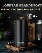 POLIVIAR - Cafetera de prensa francesa, prensa de café de 34 onzas con mango de madera real, aislamiento de doble pared y pantalla de doble filtro, acero inoxidable de grado alimenticio para un buen
