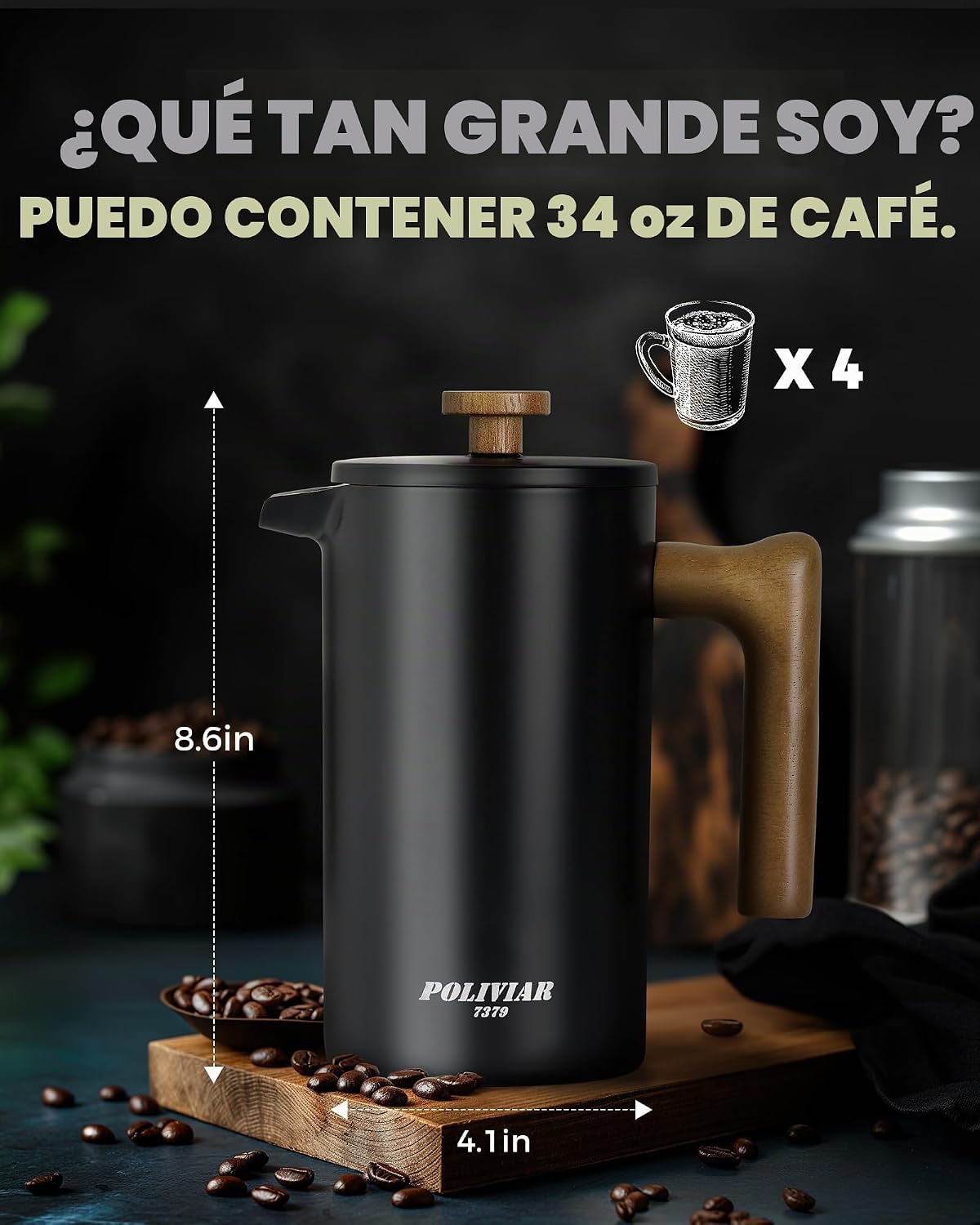 POLIVIAR - Cafetera de prensa francesa, prensa de café de 34 onzas con mango de madera real, aislamiento de doble pared y pantalla de doble filtro, acero inoxidable de grado alimenticio para un buen