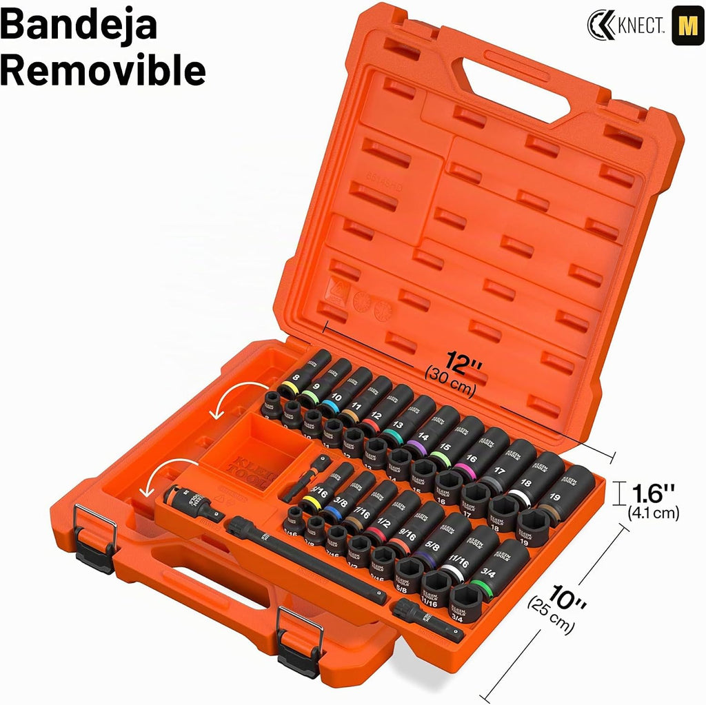Klein Tools 65148HD KNECT Juego de llaves de impacto profundas y poco profundas, unidad de 3/8 pulgadas, SAE y métrico, juego de herramientas de 44 piezas, destornillador de impacto